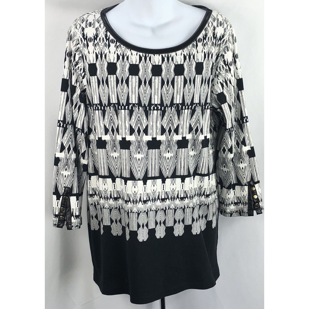 Rafaella Tunic Top XL blk/wht Geo Faux Leather Trim 3/4 Sleeve Buttons Artsy